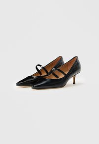Zwarte lakleren Mary Jane hakken met spitse neuzen en lage stiletto hakken op een witte achtergrond.