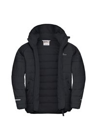 Chaleco puffer negro con capucha, con un diseño acolchado, cremallera frontal y dos bolsillos laterales. Detalles reflectantes plateados en las mangas.