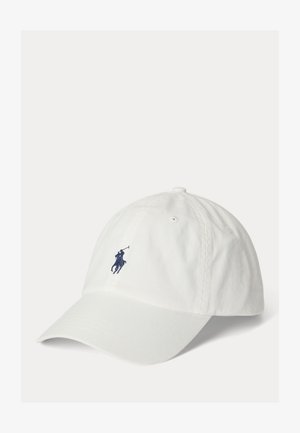 Casquette de baseball en coton blanc avec une visière courbée et un petit logo brodé d'un joueur de polo bleu marine au centre avant.
