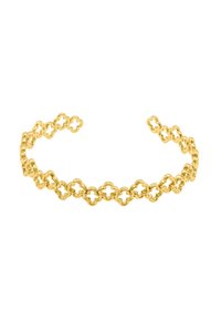 Bracciale in oro con design a catena a forma di quadrifoglio, finitura lucida, stile a bracciale aperto e texture liscia.