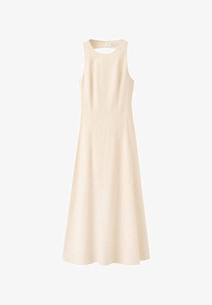 Robe beige sans manches longue jusqu'au sol avec un col rond et une fermeture boutonnée dans le dos, en tissu lisse et léger.