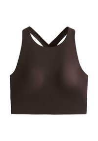 Braunes, kurzes Tanktop mit hohem Kragen und überkreuzten Rückenträgern, aus glattem, dehnbarem Stoff mit nahtlosem Finish.