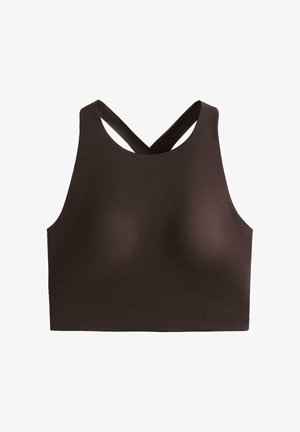 Braunes, kurzes Tanktop mit hohem Kragen und überkreuzten Rückenträgern, aus glattem, dehnbarem Stoff mit nahtlosem Finish.