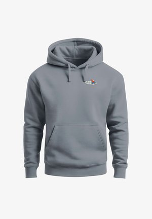 Grauer Fleece-Hoodie mit Kängurutasche, verstellbarer Kapuze mit Kordelzug und kleinem, farbenfrohem Ski-Logo auf der Brust. Weiche Textur.