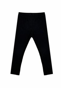 Czarne legginsy wykonane z elastycznego materiału z gumką w pasie, o gładkiej teksturze i dopasowanym kroju zwężającym się przy kostkach.
