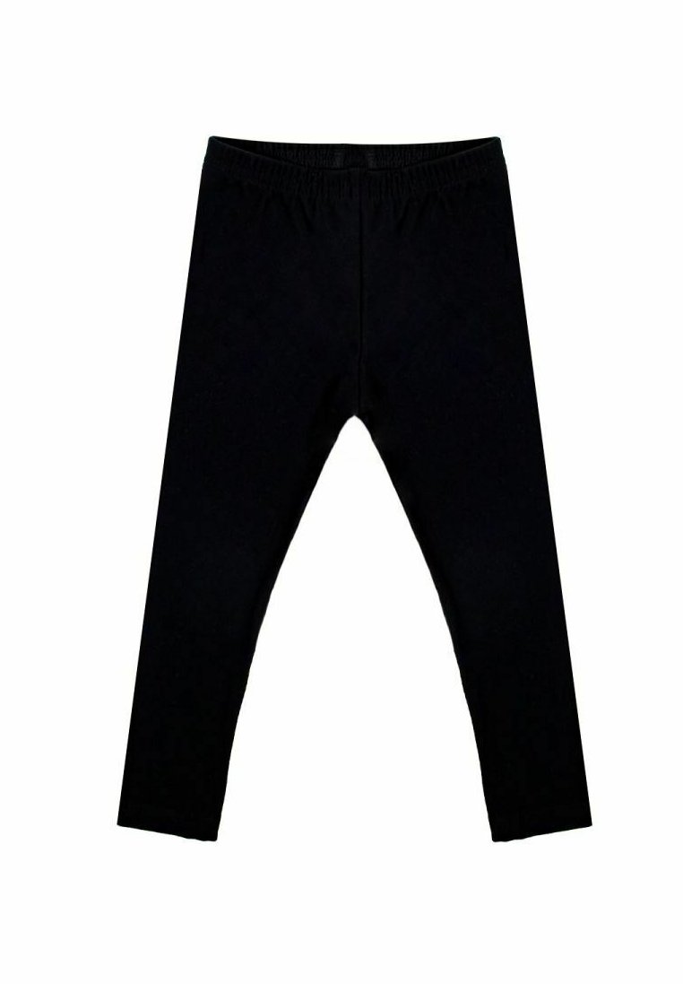Czarne legginsy wykonane z elastycznego materiału z gumką w pasie, o gładkiej teksturze i dopasowanym kroju zwężającym się przy kostkach.