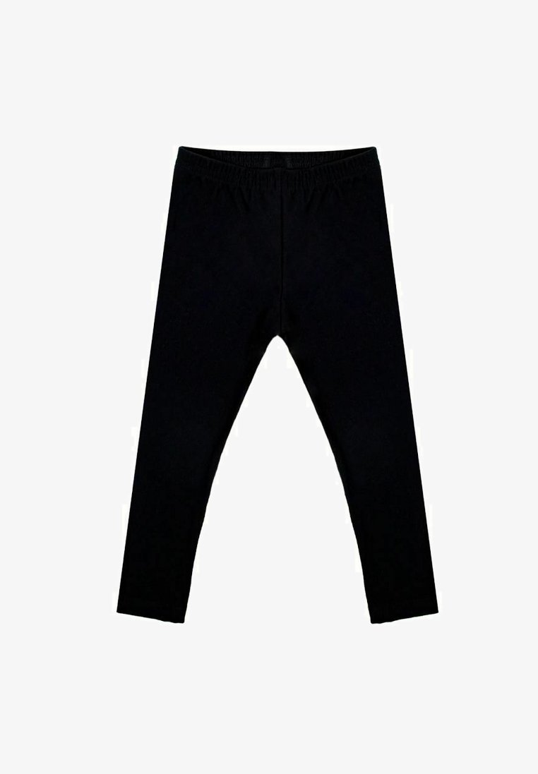Czarne legginsy wykonane z elastycznego materiału z gumką w pasie, o gładkiej teksturze i dopasowanym kroju zwężającym się przy kostkach.