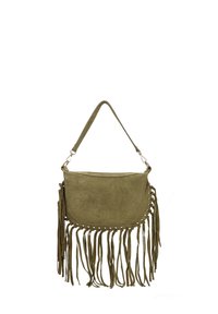 Borsa a spalla in suede verde oliva con dettagli frangiati e decorazioni in pizzo, dotata di una sola tracolla e una silhouette curvata.