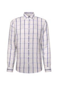 Chemise blanche à manches longues avec un motif à carreaux bleu vertical et horizontal et un col pointu.