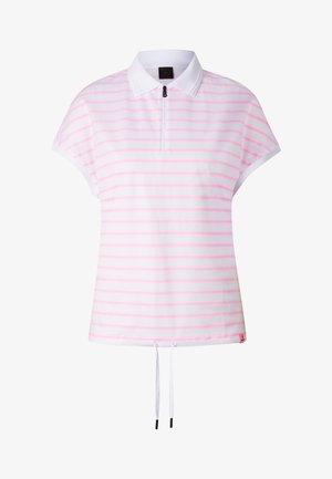 Hvid polo t-shirt med korte ærmer med lyserøde vandrette striber, halv lynlås foran og justerbar snor i kanten.
