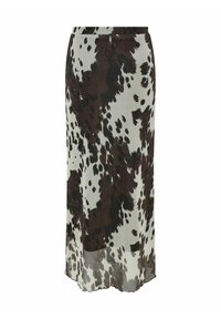 Maxi-Rock aus leichtem Material mit einem schwarz-braunen Tiermuster auf einem cremefarbenen Hintergrund. Fällt sanft mit einem glatten Finish.