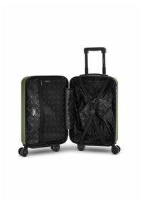Hartschalenkoffer in Grün mit ausziehbarem Griff, vier Rädern und einem schwarz gefütterten Innenraum mit Packgurten und einer Tasche.