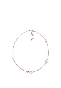 Rose gold kædedyse med små vedhæng: et kors, "kærlighed" mærkat, anker og uendelighedssymbol, med et delikat, struktureret design.