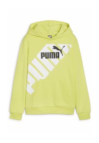 Sudadera amarilla claro con un bolsillo tipo canguro, que presenta una franja blanca diagonal y el logo y silueta negra de PUMA. Textura de tela suave.