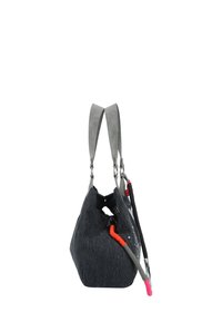 Borsa a mano grigia con una forma unica, dotata di due manici grigi e accenti colorati, tra cui dettagli arancioni e rosa, e una ferramenta distintiva.