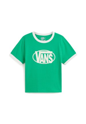 Green short-sleeve Vans t-shirt with white collar and sleeve cuffs, featuring a white oval Vans logo centered on the chest.
