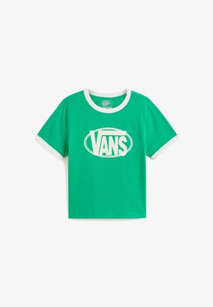 Green short-sleeve Vans t-shirt with white collar and sleeve cuffs, featuring a white oval Vans logo centered on the chest.