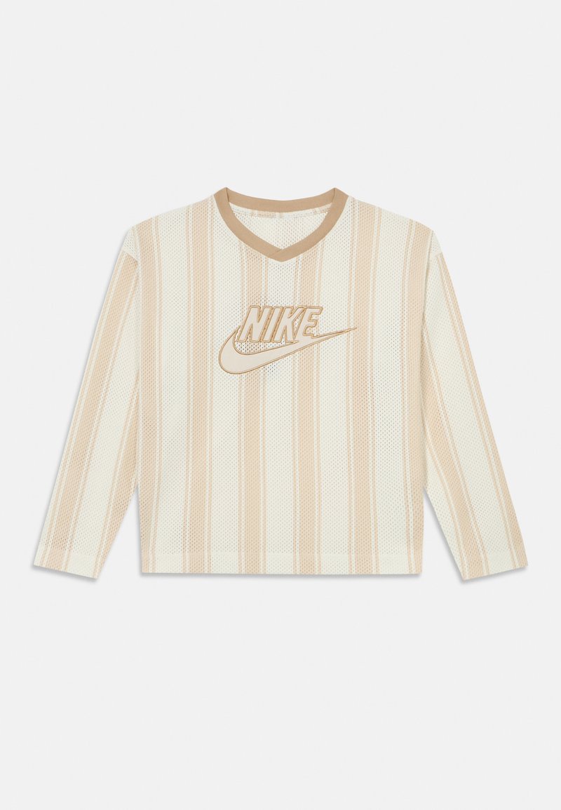 Εκρού και μπεζ ριγέ cropped τοπ με μακριά μανίκια και V-λαιμόκοψη, με υφή από δίχτυ και ένα έντονο λογότυπο Nike σε αντίθετο χρώμα.