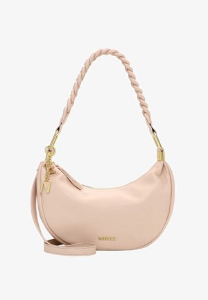 Beige crescent-shaped handbag with braided handle, gold hardware, zipper closure, and gold "EMILY & NOAH" logo on front.