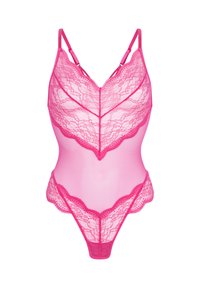 Roze kanten bodysuit met doorschijnende stof, geschulpte randen, verstelbare bandjes en ingewikkeld kantdetail over de buste en taille.