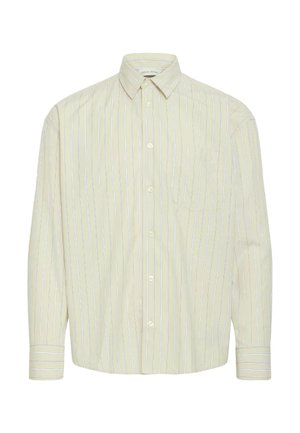 Light yellow long-sleeve shirt with thin, vertical blue stripes. Features a button-down collar and a left chest pocket. Cotton fabric.