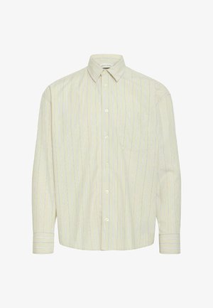 Helle gelbe Langarmbluse mit dünnen, vertikalen blauen Streifen. Verfügt über einen Button-Down-Kragen und eine linke Brusttasche. Baumwollstoff.