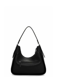 Borsa a tracolla nera in pelle con silhouette curva, manico superiore e tasca con zip frontale. Finitura testurizzata con dettagli lisci. Design semplice.