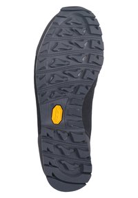Suola di scarpa nera con texture, caratterizzata da un motivo a rilievo prominente e un logo Vibram giallo, progettata per una migliore aderenza e stabilità.
