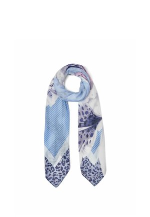 Sciarpa azzurro chiaro e bianca con motivi floreali, a righe e leopardati, piegata a anello con le estremità appuntite che pendono verso il basso.