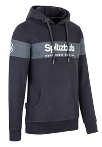 Dark navy pullover hoodie with gray stripe, featuring "Spitzbub Sportswear Edition" logo, drawstring hood, and front kangaroo pocket.