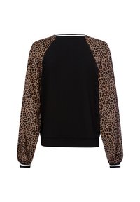 Zwarte sweatshirt met lange mouwen in luipaardprint, geribde halslijn en boorden, comfortabele pasvorm en zachte textuur.