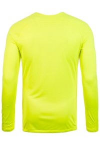 Sportovní tričko s dlouhým rukávem v fluorescentní žluté barvě s kulatým výstřihem, zobrazené zezadu na bílém pozadí.