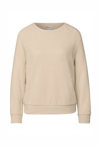 Felpa beige con scollo a girocollo, maniche lunghe raglan e orlo inferiore aderente. Realizzata in materiale morbido e testurizzato.