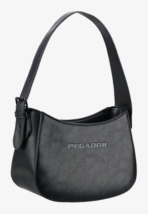Schwarze Lederschultertasche mit verstellbarem Riemen und geprägt "PEGADOR"-Logo auf dem Frontpanel.