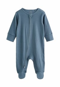 Body per neonati a costine in blu tenue, con cerniera anteriore, maniche lunghe, design con piedi e scollatura rotonda. Tessuto morbido.