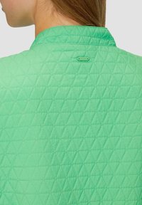 Prešívaná bunda v jasne zelenej farbe s diamantom, so štítkom na golieri. Hladký povrch s ľahkým dizajnom.