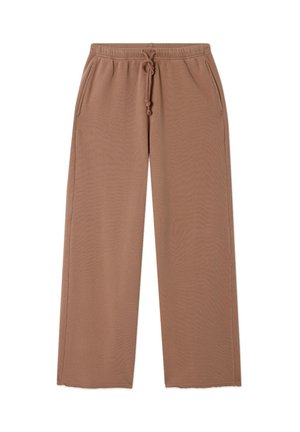 Brown wide-leg pants made of soft fabric with an elastic waistband and drawstring, featuring two side pockets and a smooth texture.
