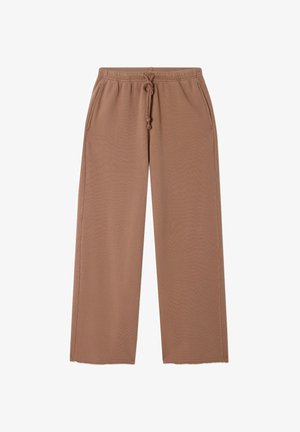 Rudos plačios kelnės iš minkštos medžiagos su elastine juosmens juosta ir raišteliu, turinčios dvi šonines kišenes ir lygią tekstūrą.