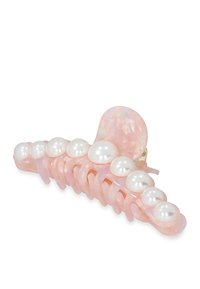 Rosa akrylhårklipp med en sl ät textur, med konstpärlor längs ena sidan och en kurvig, rymlig design för ett säkert grepp.