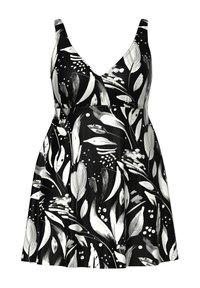 Zwarte mouwloze jurk met witte abstracte bloemen- en bladpatronen, nauwsluitend lijfje en uitlopende rok.