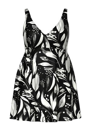 Vestito nero senza maniche con motivi floreali e fogliame astratti bianchi, corpetto aderente e gonna svasata.