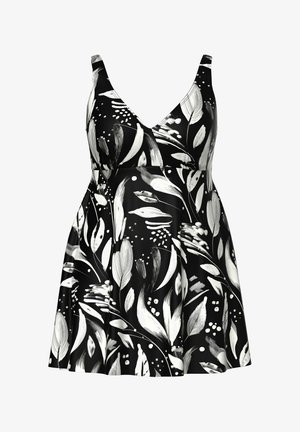 Zwarte mouwloze jurk met witte abstracte bloemen- en bladpatronen, nauwsluitend lijfje en uitlopende rok.