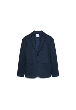 Blazer blu navy con due bottoni, rever con intaglio e due tasche frontali, mostrato su sfondo bianco.