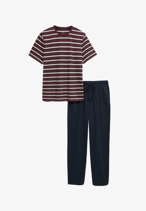 Chemise à manches courtes rayée avec des rayures horizontales bordeaux, beige et bleu marine, associée à un pantalon bleu marine uni avec cordon.