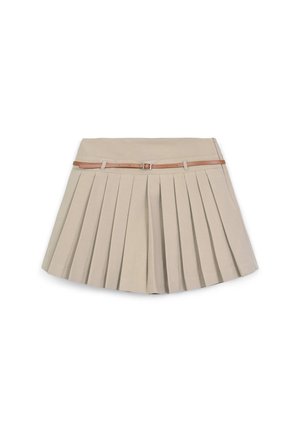 Jupe plissée beige avec une fine ceinture marron et des passants de ceinture, présentée à plat sur un fond blanc.