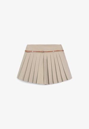 Gonna plissettata beige con una cinta marrone stretta e passanti, esposta piatta su uno sfondo bianco.