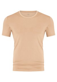 Béžové tričko s krátkým rukávem vyrobené z měkké tkaniny, s kulatým výstřihem a jemnými švy. Vhodné pro vrstvení.