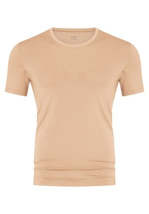 Beige T-Shirt mit kurzen Ärmeln aus weichem Material, mit rundem Halsausschnitt und dezenten Nähdetail. Eignet sich gut zum Layering.