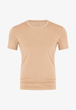 Beige short-sleeve t-shirt made of soft fabric, featuring a round neckline and subtle stitching details. Suitable for layering.