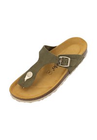 Infradito in suede verde con suola in sughero marrone, hardware bianco a fibbia e suola testurizzata. Progettati per comfort e stabilità.